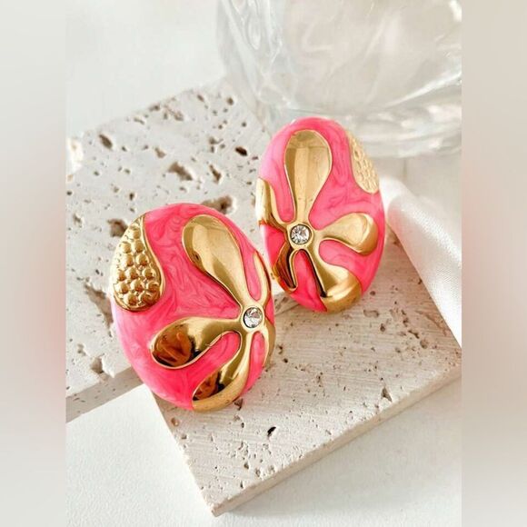 Pink and Gold Statement Earrings N1531 - Picture 1 of 3